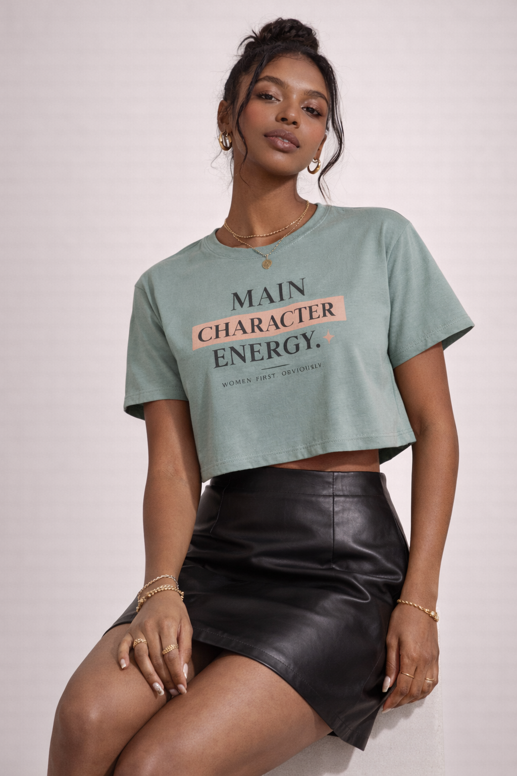 Woman wearing Main Character Energy crop tee streetwear outfit